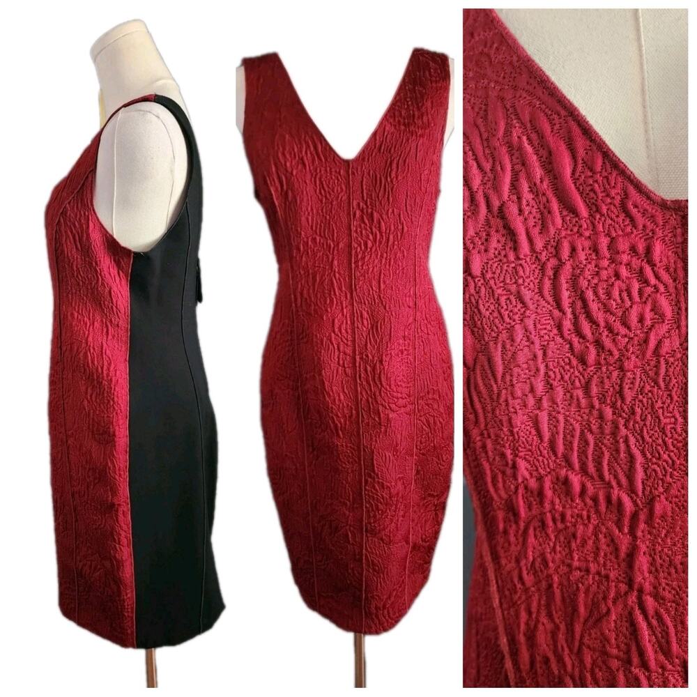 Tracy Reese Textured Rose Print Size 6 Two Tone Ruby Red/ Black Sheath Dress